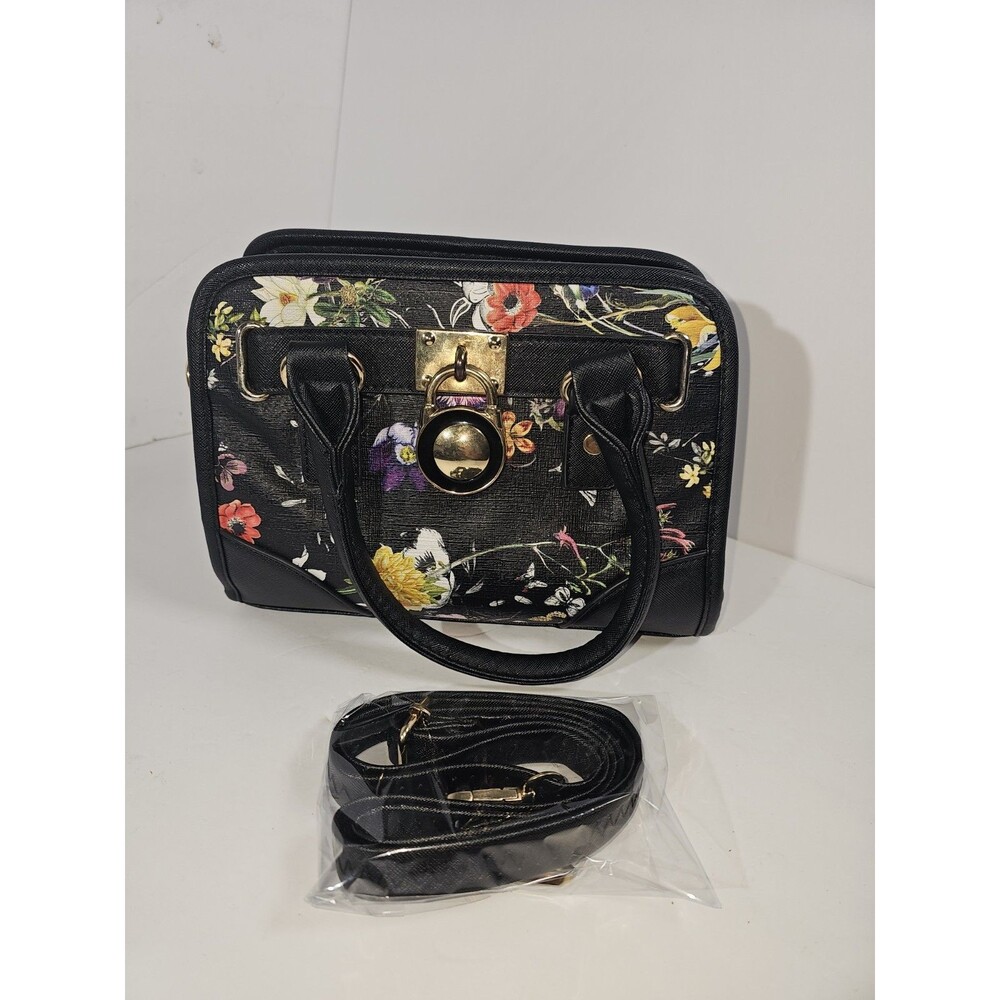 Dasein Womens Fashion Large Faux Leather Satchel Handbag Floral Black Gold tone
